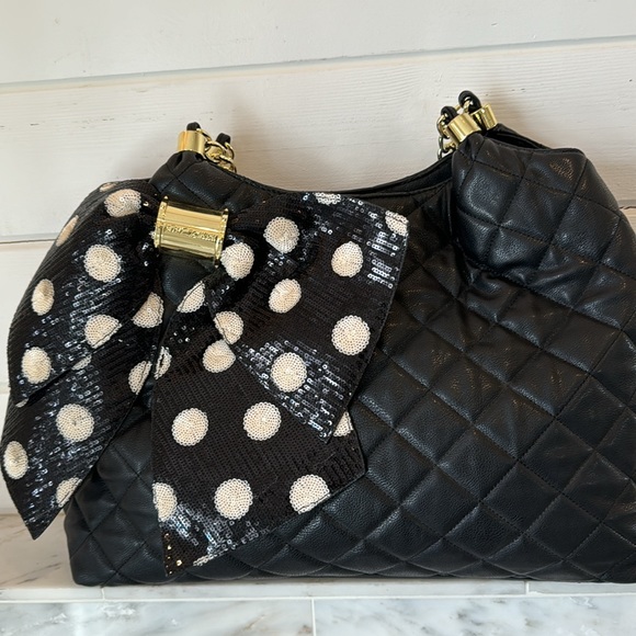 Betsy Johnson Large Black Quilted Sequin Polka Dot Bow Tote Bag - Picture 2 of 14